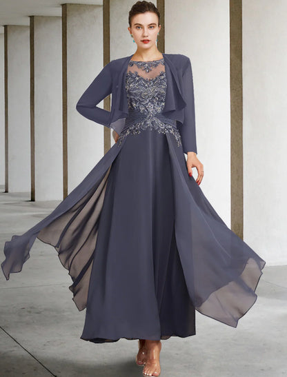 Zweiteiliges A-Linien-Kleid in Übergröße für die Brautmutter, Hochzeitsgast, eleganter Rundhalsausschnitt, knöchellang, Chiffon-Spitze, kurze Ärmel, Herbst-Wickeltuch inklusive gerüschter Applikationen