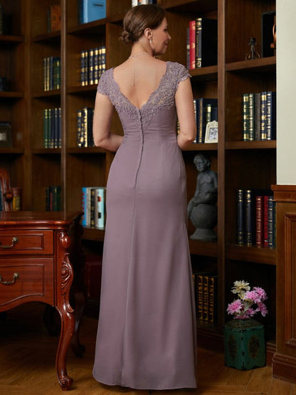 Sheath/Column Chiffon Lace V-neck Short Sleeves Floor-Length Mother of the Bride Dresses