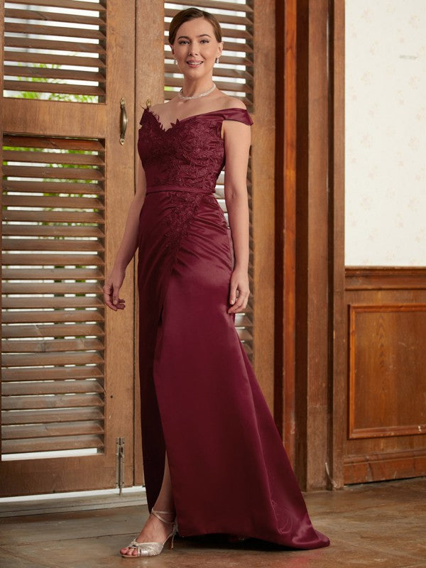 Sheath/Column Satin Applique Off-the-Shoulder Sleeveless Sweep/Brush Train Mother of the Bride Dresses