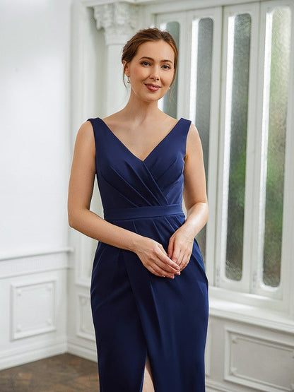 Sheath/Column Stretch Crepe Ruched V-neck Sleeveless Floor-Length Mother of the Bride Dresses