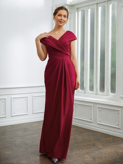 Sheath/Column Jersey Ruched V-neck Short Sleeves Floor-Length Mother of the Bride Dresses