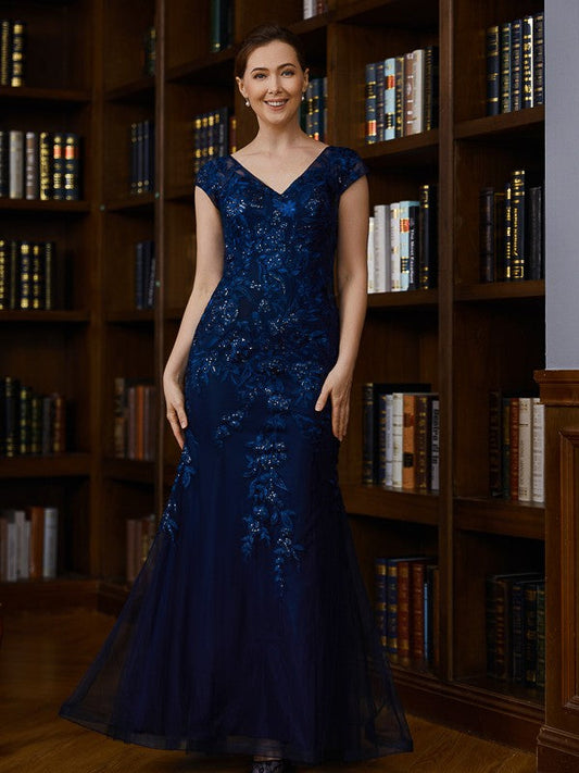 Sheath/Column Tulle Applique V-neck Short Sleeves Floor-Length Mother of the Bride Dresses