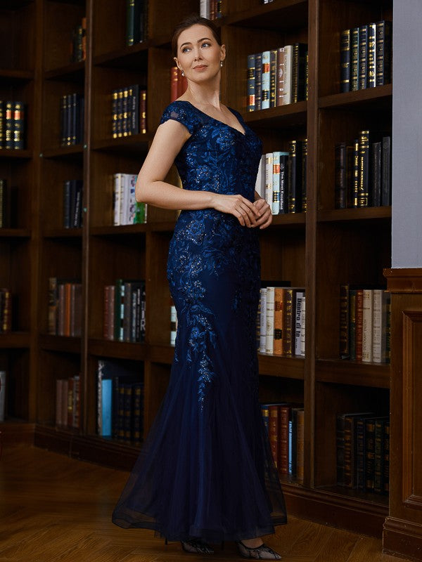 Sheath/Column Tulle Applique V-neck Short Sleeves Floor-Length Mother of the Bride Dresses