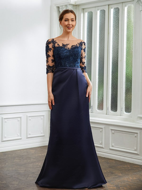 Sheath/Column Satin Applique Bateau 1/2 Sleeves Sweep/Brush Train Mother of the Bride Dresses