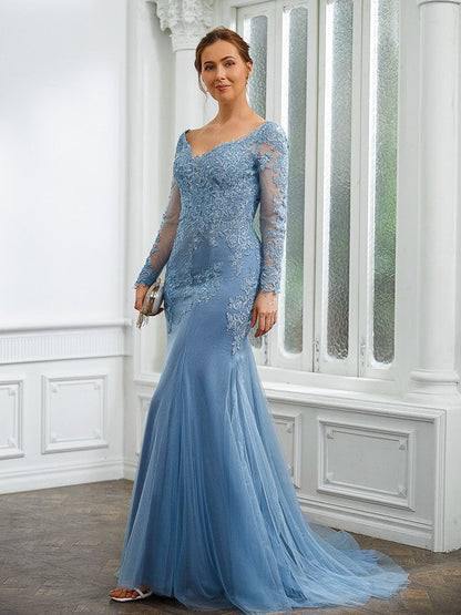 Sheath/Column Tulle Applique V-neck Long Sleeves Sweep/Brush Train Mother of the Bride Dresses