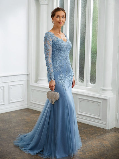 Sheath/Column Tulle Applique V-neck Long Sleeves Sweep/Brush Train Mother of the Bride Dresses