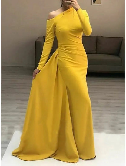 Sheath / Column Minimalist Elegant Wedding Guest Formal Evening Dress One Shoulder Long Sleeve Floor Length Stretch Fabric with Sleek Ruched