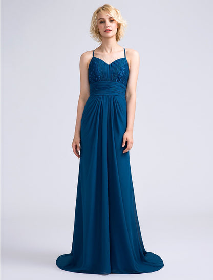 Sheath / Column Bridesmaid Dress Spaghetti Strap Sleeveless Open Back Sweep / Brush Train Chiffon / Lace with Lace / Ruched / Draping