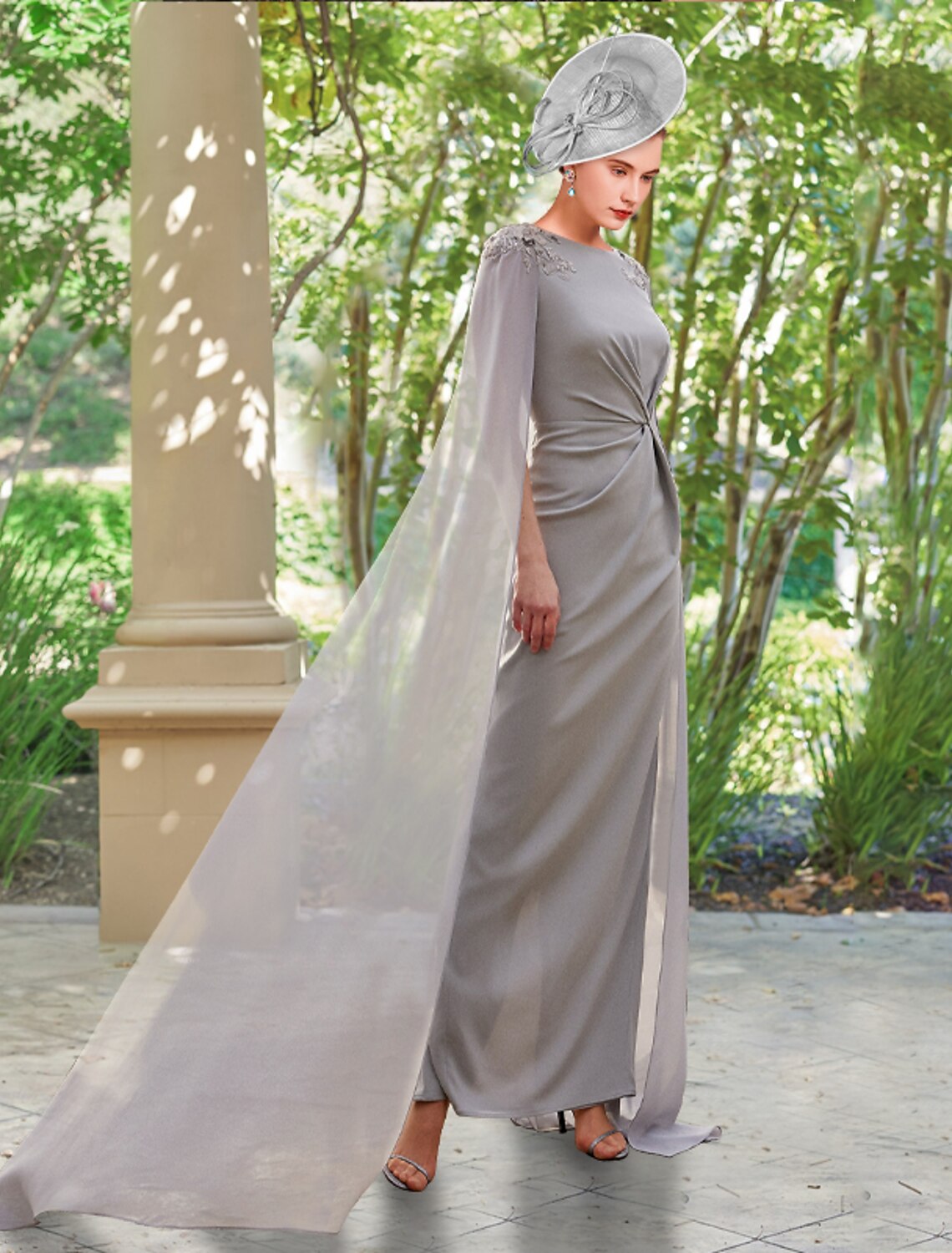 Sheath / Column Mother of the Bride Dress Formal Party Elegant Scoop Neck Ankle Length Chiffon Long Sleeve with Appliques Split Front Ruching