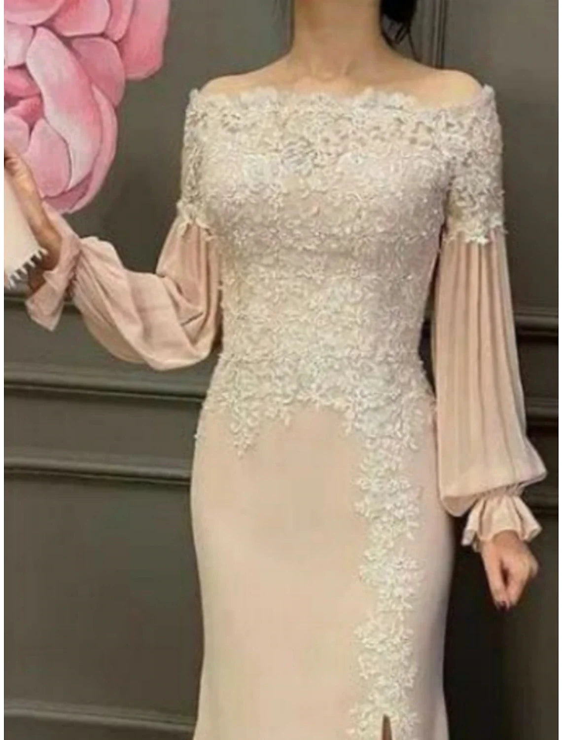 Sheath / Column Mother of the Bride Dress Wedding Guest Party Elegant Off Shoulder Floor Length Chiffon Lace Long Sleeve with Split Front