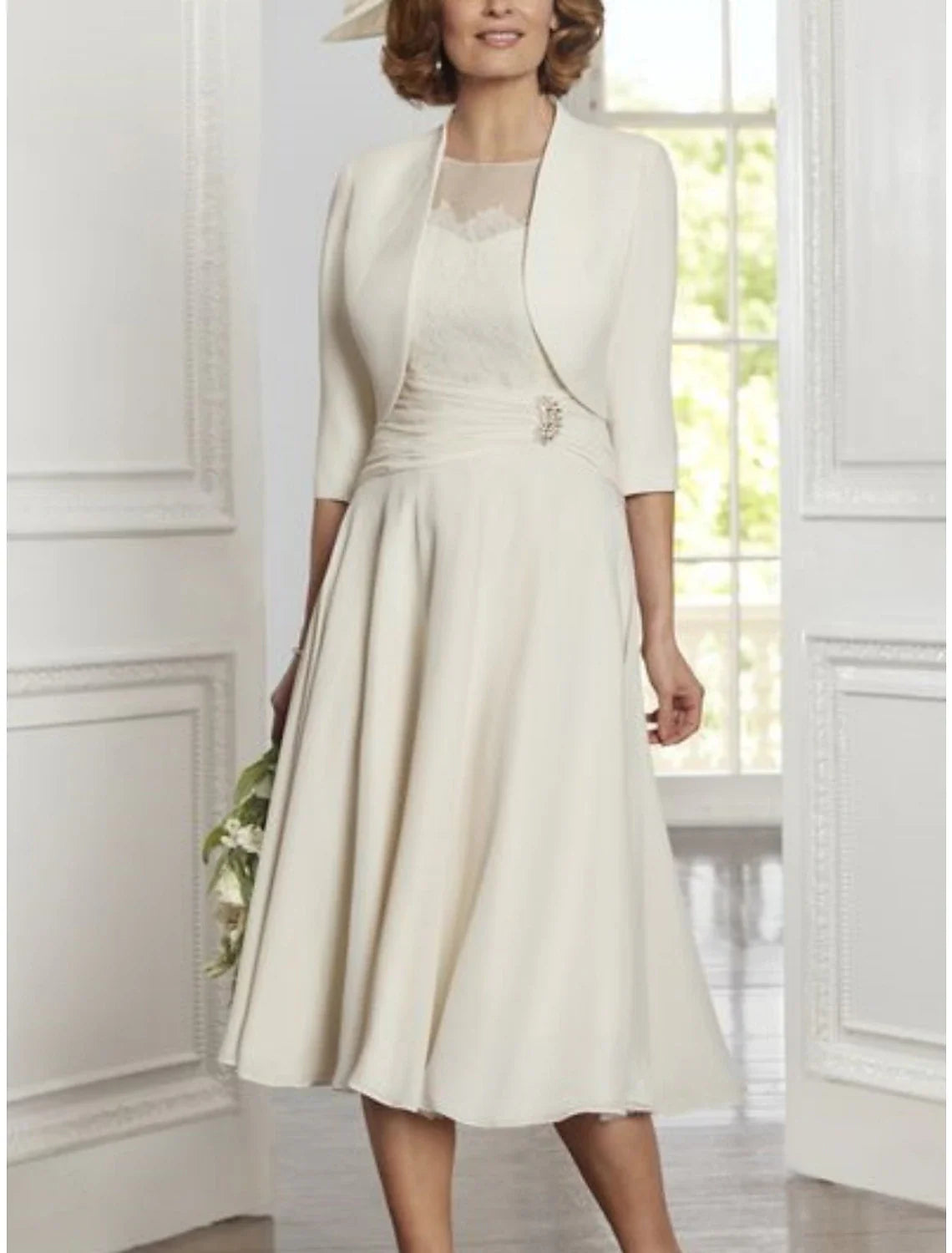 Zweiteiliges A-Linien-Kleid für die Mutter der Braut, Party, eleganter U-Ausschnitt, bodenlang, Spitze, Stretch-Chiffon, 3/4-Ärmel mit Falten, Kristallen