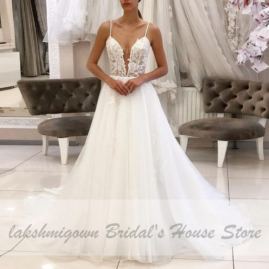 NumberSea Tulle Beach Wedding Dress Spaghetti Straps Sexy