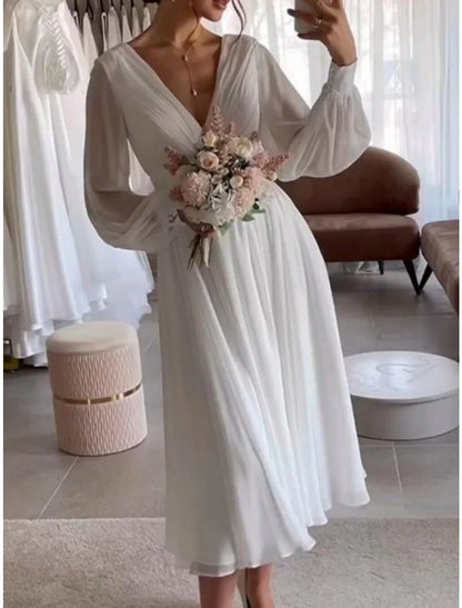 NumberSea Little White Dresses Wedding Dresses A-Line V Neck Long Sleeve Tea Length Chiffon Bridal Gowns With Pleats Solid Color