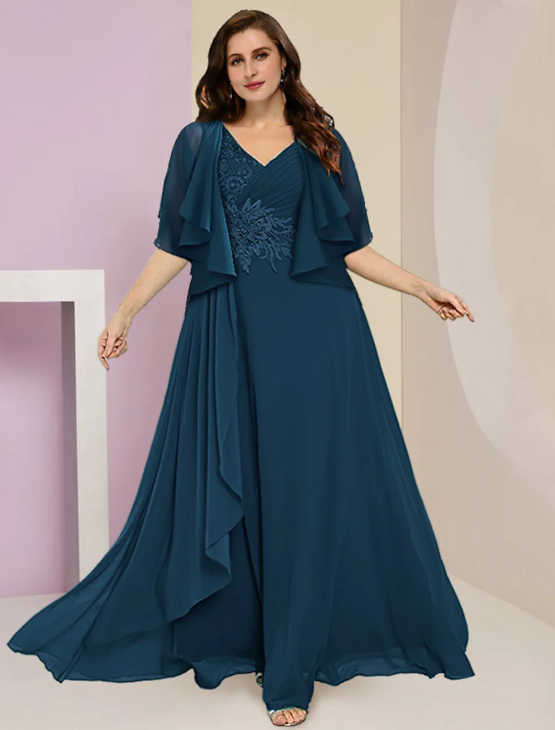 Zweiteiliges A-Linien-Kleid für die Mutter der Braut, formelle Hochzeitsgäste, Übergröße, Bauch verbergen, elegant, V-Ausschnitt, bodenlang, Chiffon, Spitze, ärmellos, mit gerüschen Applikationen