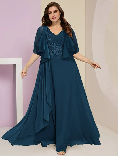 Zweiteiliges A-Linien-Kleid für die Mutter der Braut, formelle Hochzeitsgäste, Übergröße, Bauch verbergen, elegant, V-Ausschnitt, bodenlang, Chiffon, Spitze, ärmellos, mit gerüschen Applikationen