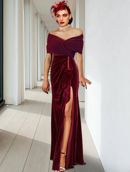 Sheath / Column Evening Gown Elegant Dress Wedding Guest Floor Length Sleeveless V Neck Velvet with Pleats Ruffles