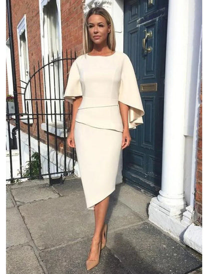 Sheath / Column Mother of the Bride Dress Fall Wedding Guest Simple Plus Size Elegant Jewel Neck Asymmetrical Knee Length Charmeuse Half Sleeve with Tier