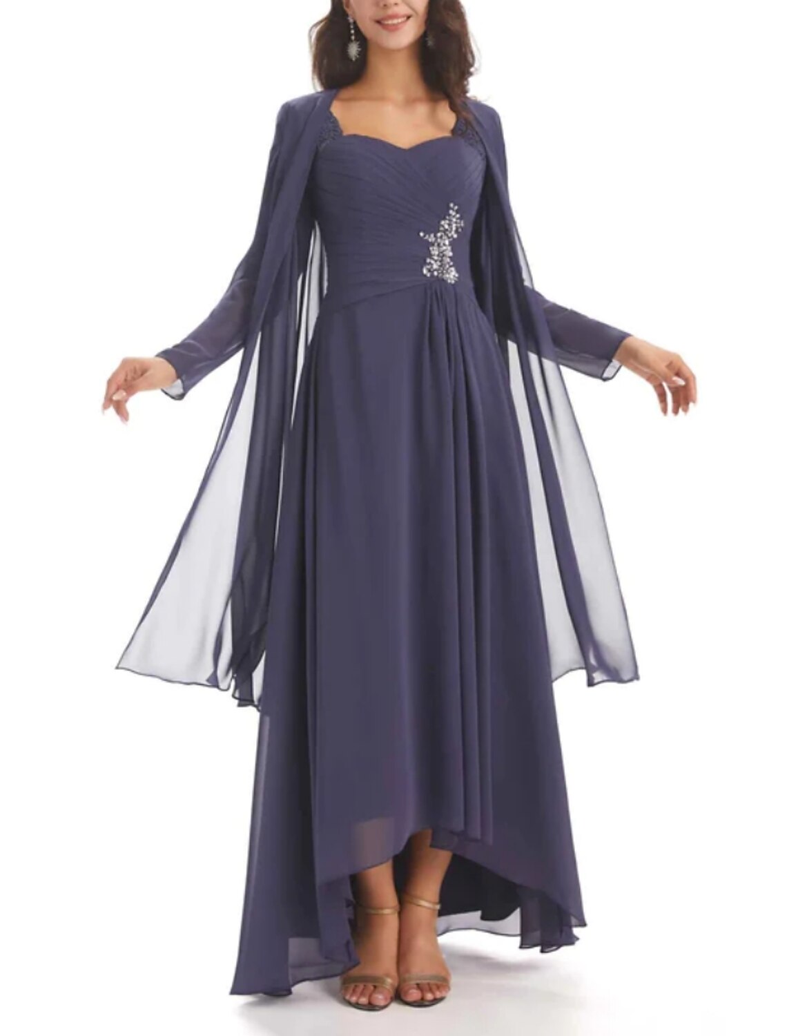 Two Piece A-Line Mother of the Bride Dress Wedding Guest Elegant Sweetheart Asymmetrical Ankle Length Chiffon Long Sleeve with Crystal Brooch Ruching Solid Color