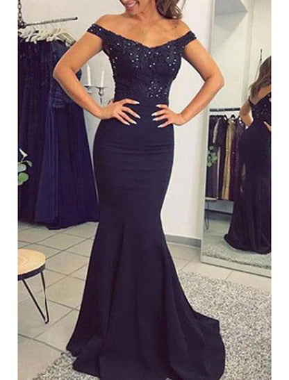 Mermaid / Trumpet Prom Dresses Sexy Dress Formal Prom Court Train Sleeveless Off Shoulder Stretch Fabric V Back with Beading Appliques