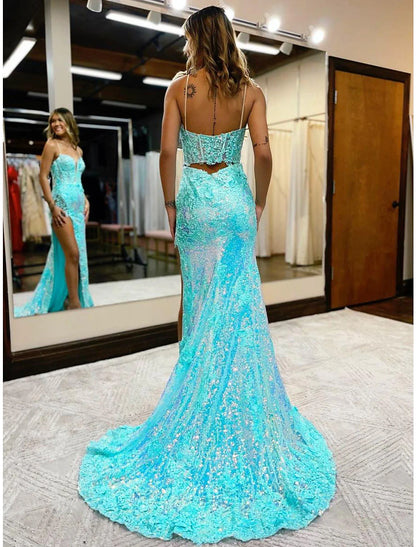 Mermaid / Trumpet Prom Dresses High Split Dress Formal Wedding Party Court Train Sleeveless V Neck Sequined with Slit Appliques