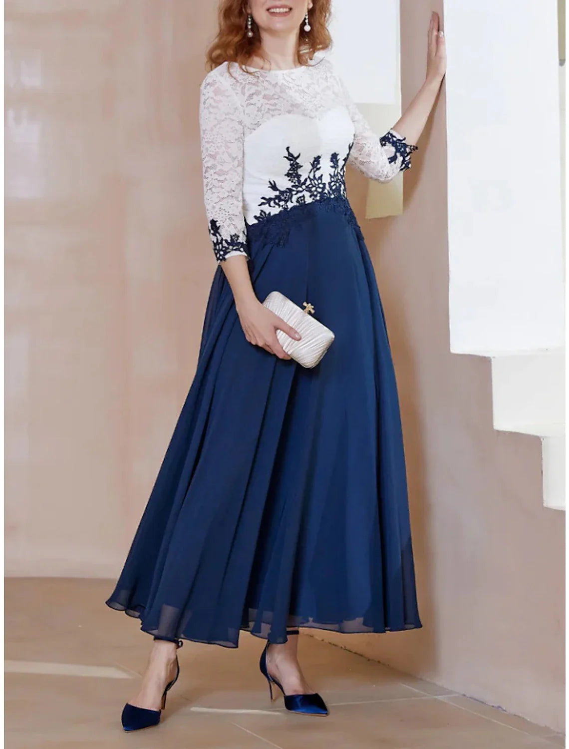 Numbersea A-Line Mother of the Bride Dress Wedding Guest Elegant Scoop Neck Ankle Length Chiffon 3/4 Length Sleeve with Lace