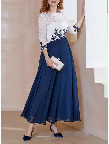 Numbersea A-Line Mother of the Bride Dress Wedding Guest Elegant Scoop Neck Ankle Length Chiffon 3/4 Length Sleeve with Lace