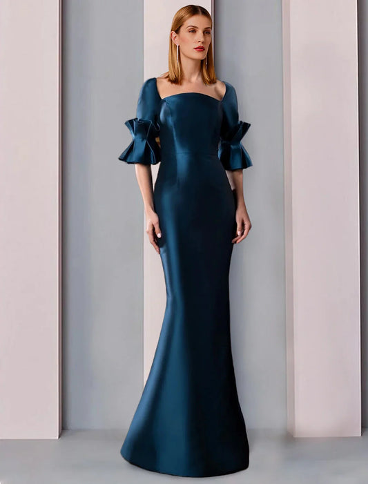 Sheath / Column Mother of the Bride Dress Formal Wedding Guest Party Elegant Square Neck Floor Length Satin Half Sleeve with Ruching