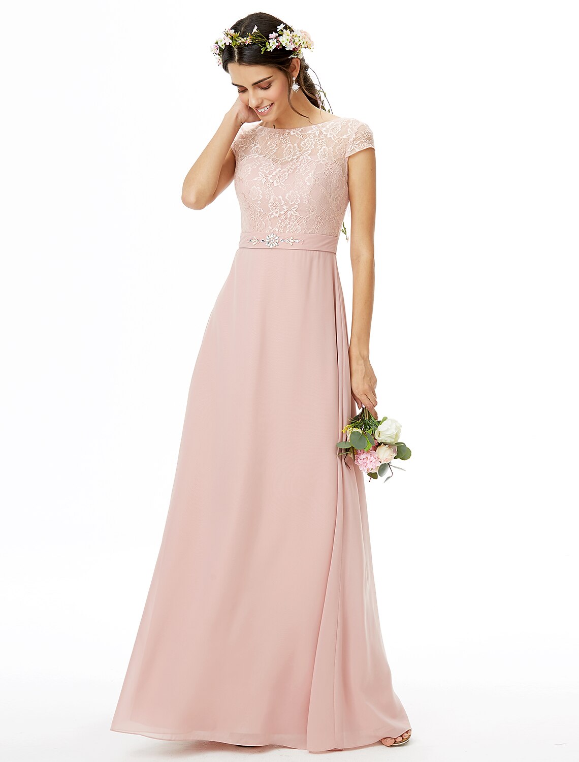 Sheath / Column Bridesmaid Dress Bateau Neck Short Sleeve Elegant Floor Length Chiffon / Lace with Lace / Sash / Ribbon / Bow(s)