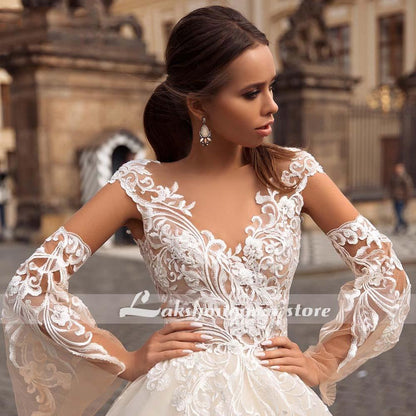 NumberSea V-Neck A Line Lace Wedding Dresses Applique Beading