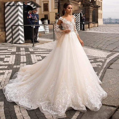 NumberSea V-Neck A Line Lace Wedding Dresses Applique Beading