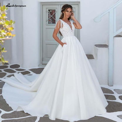 NumberSea V-Neck A Line Satin Wedding Dresses Elegant Appliques