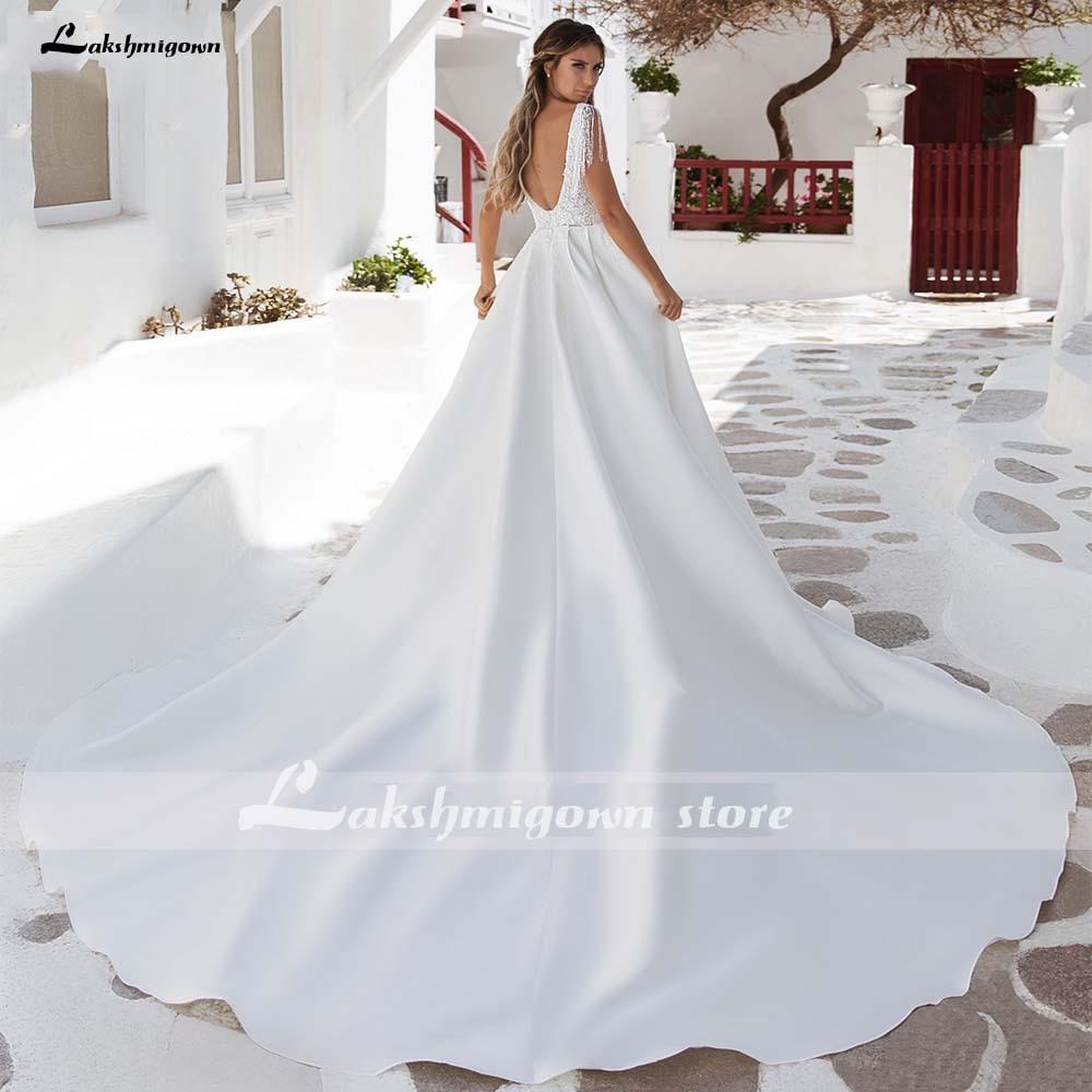 NumberSea V-Neck A Line Satin Wedding Dresses Elegant Appliques