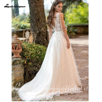 NumberSea V-Neck  Lace Wedding Dress Applique Sleeveless