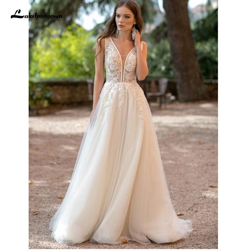 NumberSea V-Neck  Lace Wedding Dress Applique Sleeveless