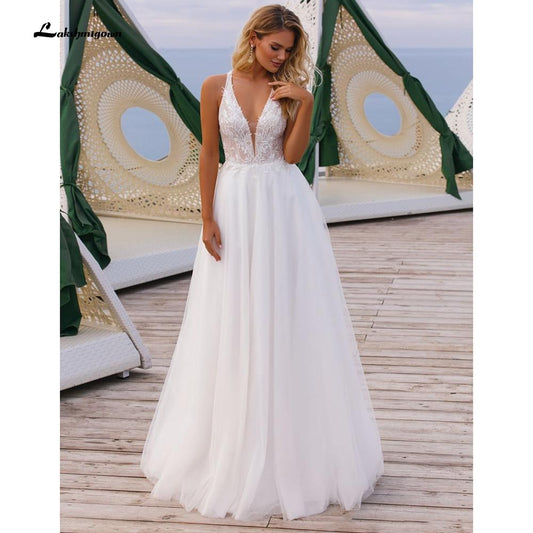 NumberSea V Neck Off The Shoulder Lace Tulle Backless Wedding Dresses