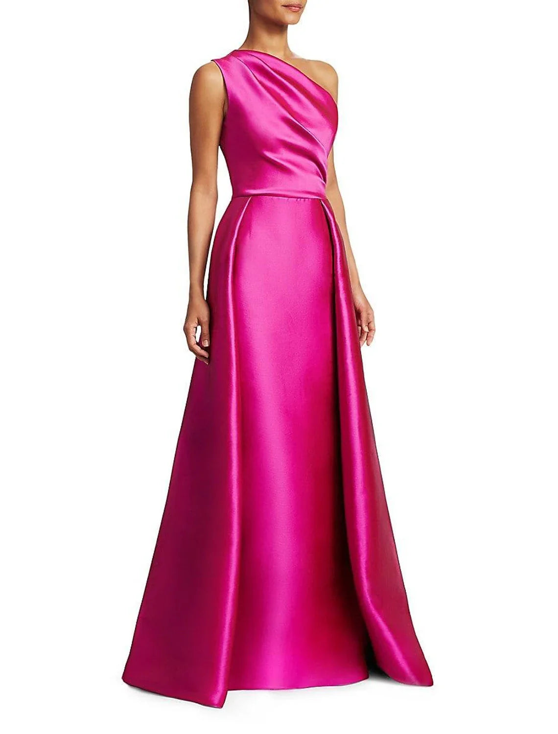 Sheath / Column Evening Gown Hot Pink Dress Wedding Guest Floor Length Sleeveless One Shoulder Satin with Overskirt Pure Color