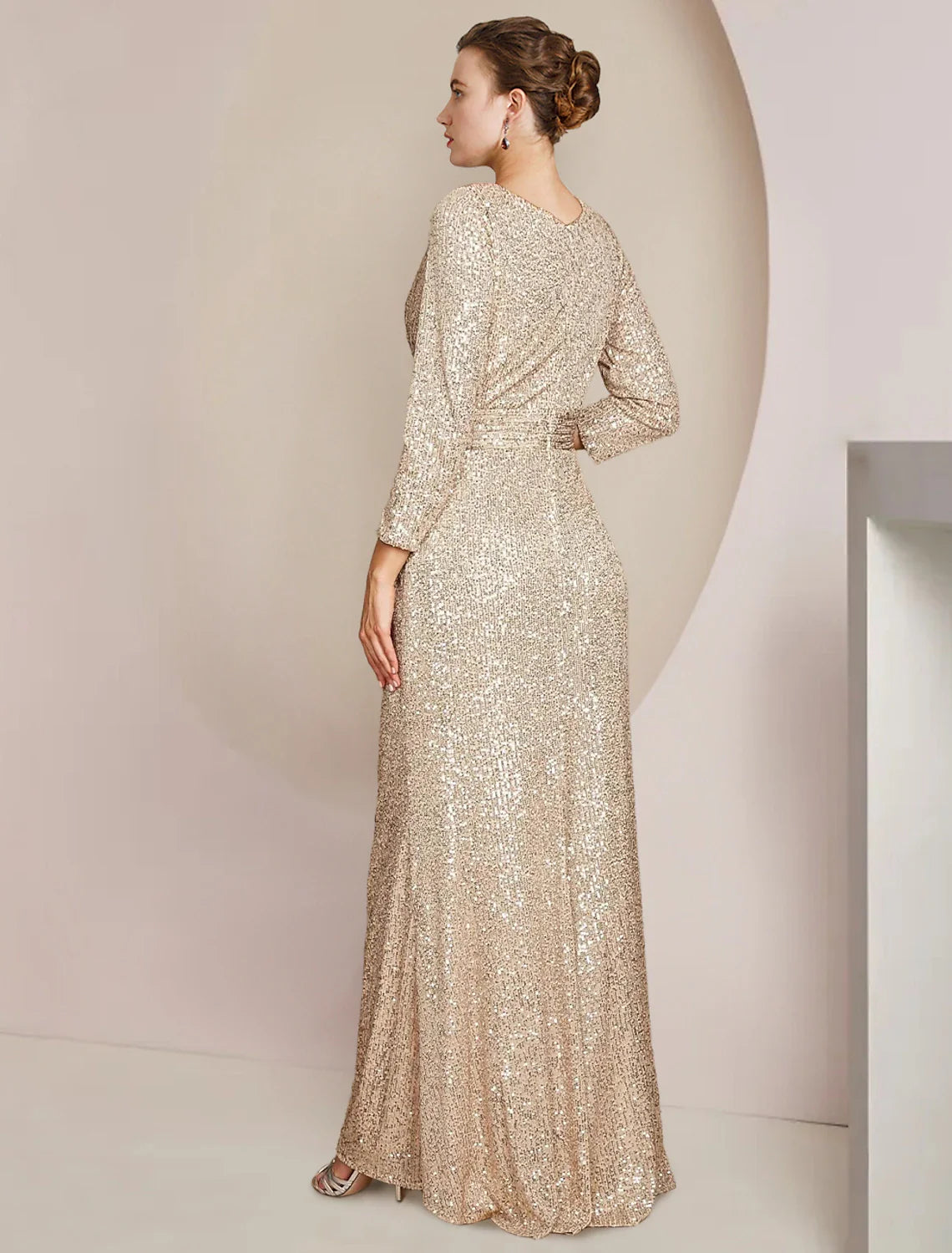 Sheath / Column Mother of the Bride Dress Formal Wedding Guest Sparkle & Shine Elegant V Neck Floor Length Sequined 3/4 Length Sleeve with Split Front