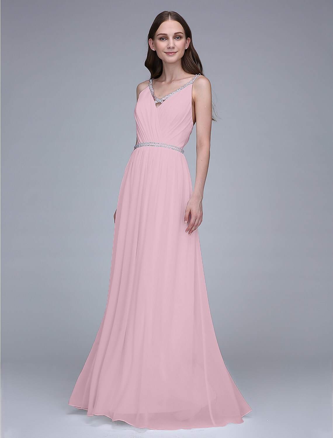 Sheath / Column Spaghetti Strap Floor Length Chiffon Bridesmaid Dress with Crystals