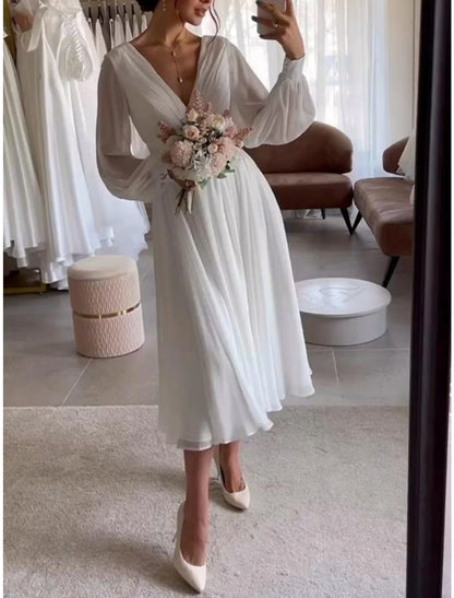 NumberSea Little White Dresses Wedding Dresses A-Line V Neck Long Sleeve Tea Length Chiffon Bridal Gowns With Pleats Solid Color