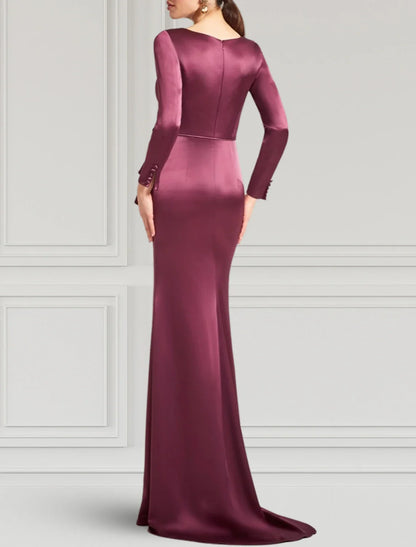 Sheath / Column Evening Gown Elegant Dress Formal Wedding Guest Sweep / Brush Train Long Sleeve V Neck Satin with Appliques