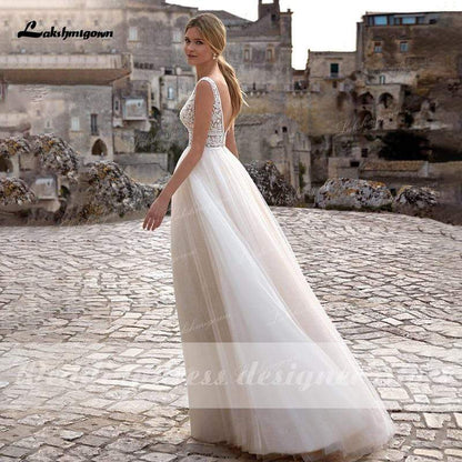 NumberSea vestido de novia Summer Beach A-Line Princess Wedding Dresses boho chic lace V-neckline White Bridal Gown Abito da sposa