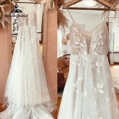 NumberSea Vestido Novia Spitzenapplikationen V-Ausschnitt A-Linie Boho Hochzeitskleid Spaghettiträger Strand 2025 Trouwjurk Robe Brautkleider 