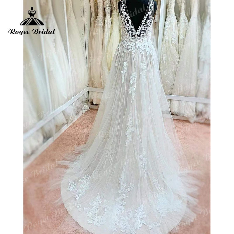 NumberSea Vestido Rouwjurk Boho Hochzeitskleid Rückenfrei Spitze Applizierte Ärmellos Sweep A Linie Robe de Mariee Brautkleid Nach Maß 2025 