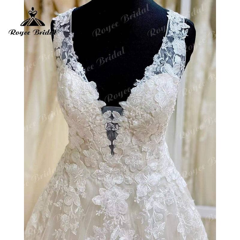 NumberSea vestidos de novia Elegant A Line Wedding Dress Open Back Lace Appliques Deep V Neck Tank Sleeveless Bride Gown robe de mariée