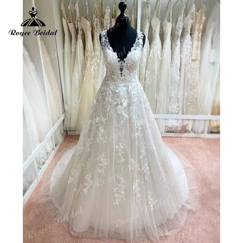 NumberSea vestidos de novia Elegant A Line Wedding Dress Open Back Lace Appliques Deep V Neck Tank Sleeveless Bride Gown robe de mariée