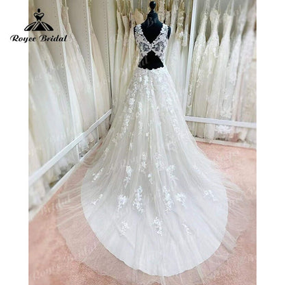 NumberSea vestidos de novia Elegant A Line Wedding Dress Open Back Lace Appliques Deep V Neck Tank Sleeveless Bride Gown robe de mariée