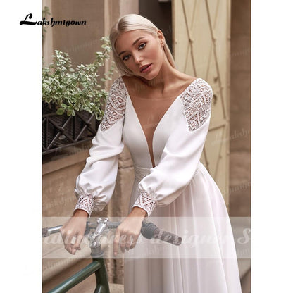 NumberSea Vestidos Simple Boho Long Sleeve Wedding Dresses V Neck Robe Longue Beach Chiffon A-Line Wedding Gowns vestido de novia