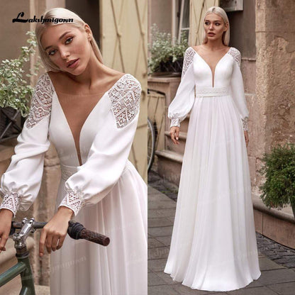 NumberSea Vestidos Simple Boho Long Sleeve Wedding Dresses V Neck Robe Longue Beach Chiffon A-Line Wedding Gowns vestido de novia