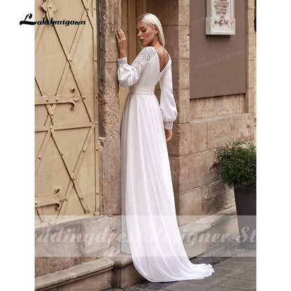 NumberSea Vestidos Simple Boho Long Sleeve Wedding Dresses V Neck Robe Longue Beach Chiffon A-Line Wedding Gowns vestido de novia