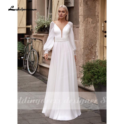 NumberSea Vestidos Simple Boho Long Sleeve Wedding Dresses V Neck Robe Longue Beach Chiffon A-Line Wedding Gowns vestido de novia